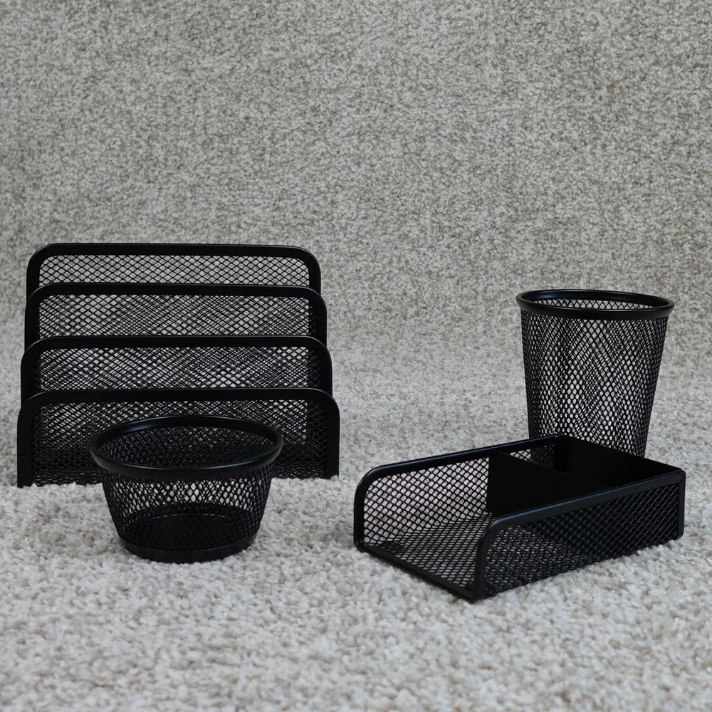 Pen+Gear Metal Mesh Desk Organizer Set 4 Pieces Black Letter Sorter Pencil Cup